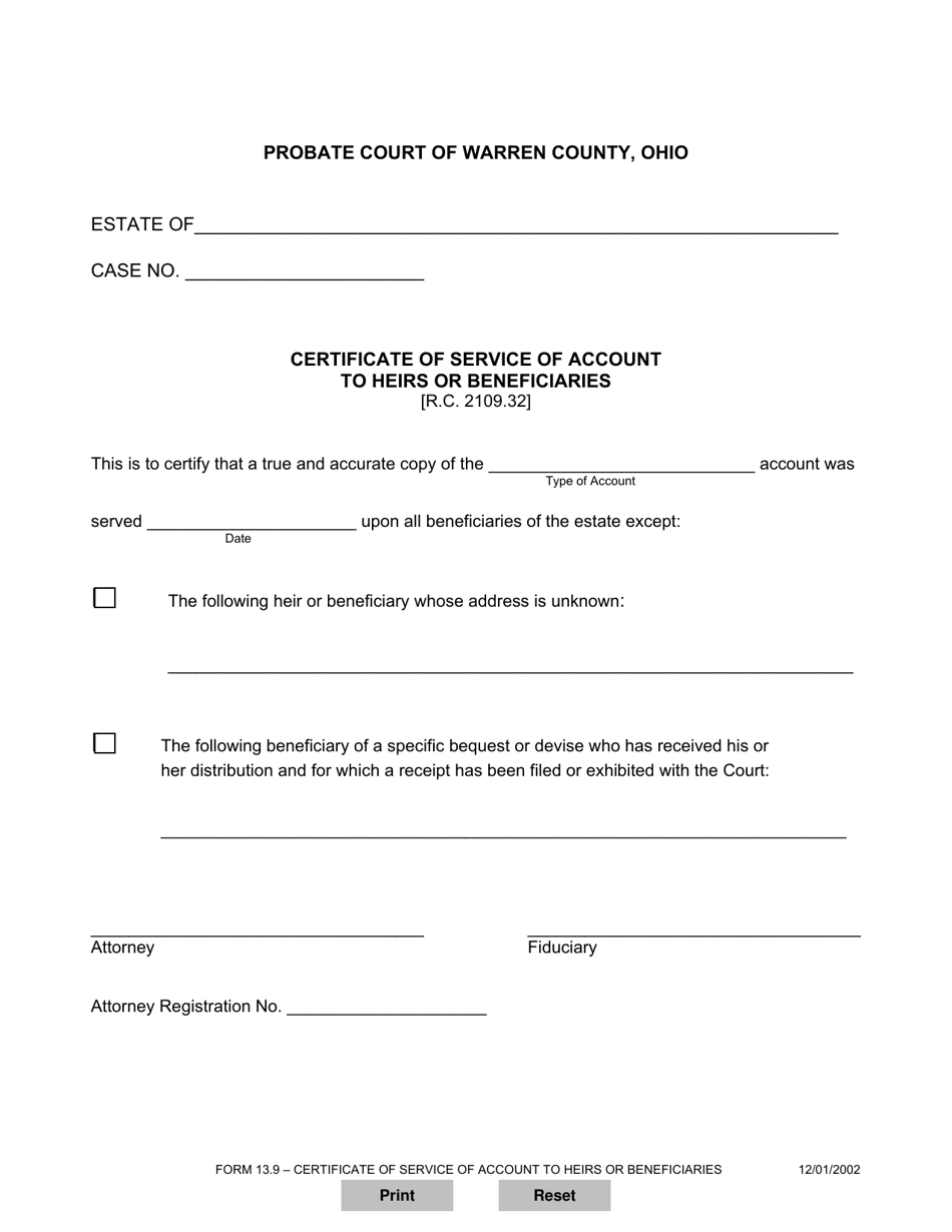 Form 13.9 Certificate of Service of Account to Heirs or Beneficiaries - Warren County, Ohio, Page 1