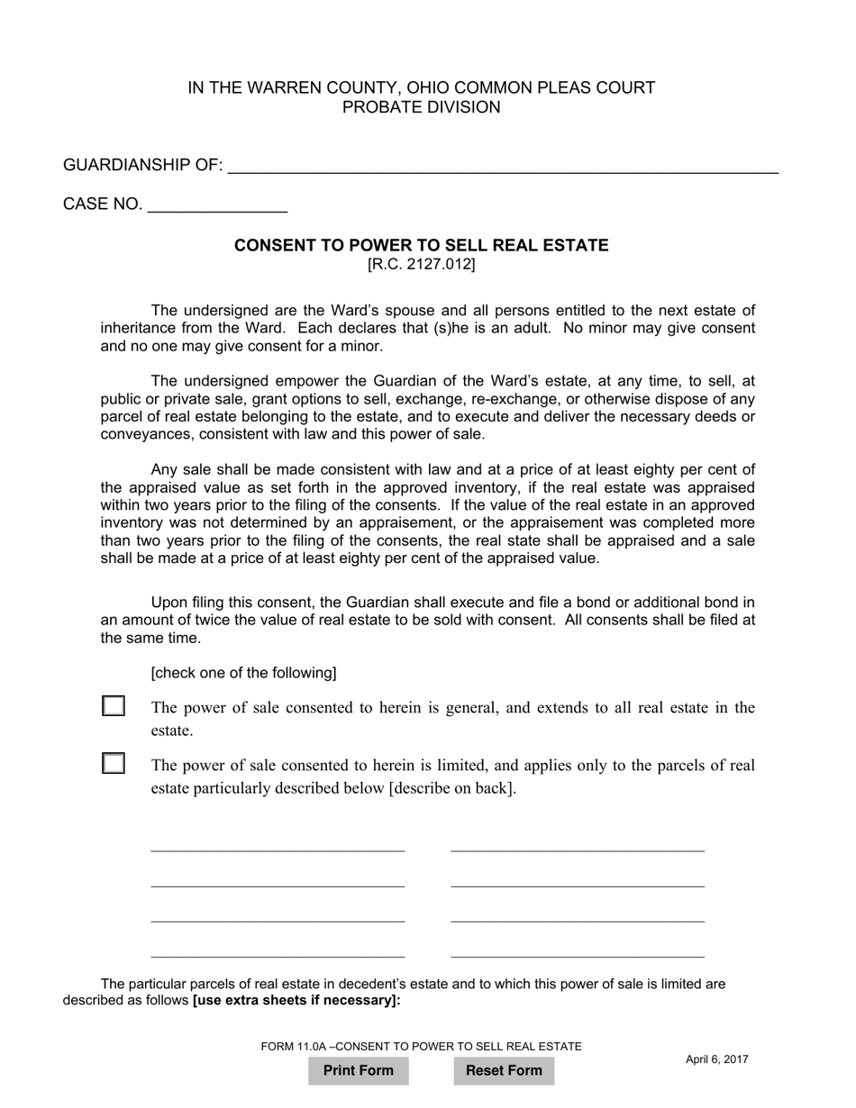 Form 11.0A Consent to Power to Sell Real Estate - Warren County, Ohio, Page 1