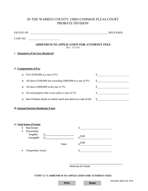 Form 13.13 Addendum to Application for Attorney Fees - Warren County, Ohio