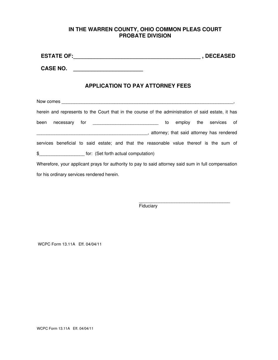 WCPC Form 13.11A Application to Pay Attorney Fees - Warren County, Ohio, Page 1