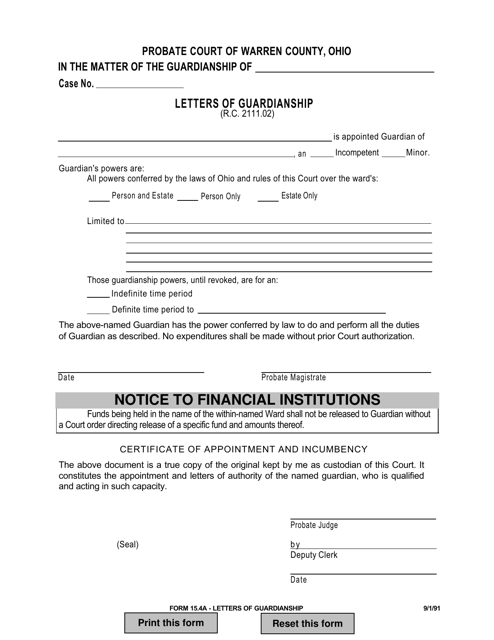 Form 15.4A Letters of Guardianship - Magistrate - Warren County, Ohio