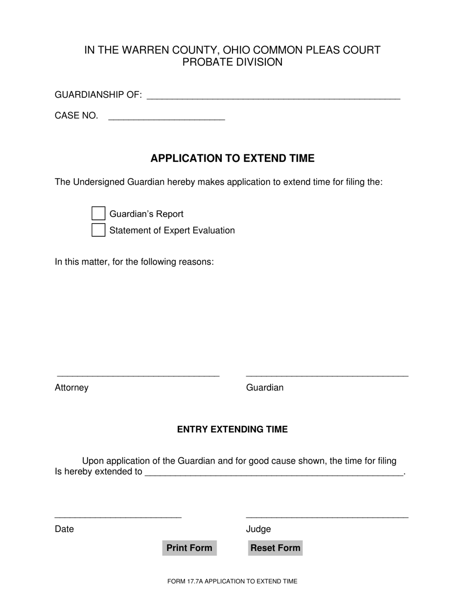 Form 17.7A Application to Extend Time - Warren County, Ohio, Page 1