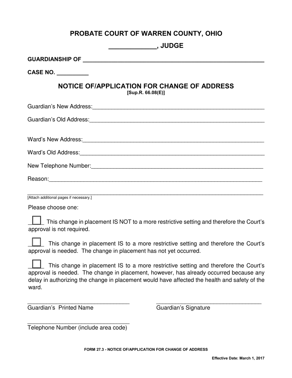 Form 27.3 Notice of / Application for Change of Address - Warren County, Ohio, Page 1