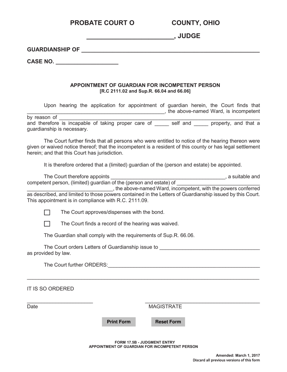 Form 17.5B Decision of Magistrate - Appointment of Guardian for Incompetent Person - Warren County, Ohio, Page 1