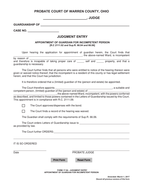 Form 17.5A Judgment Entry - Appointment of Guardian for Incompetent Person - Warren County, Ohio
