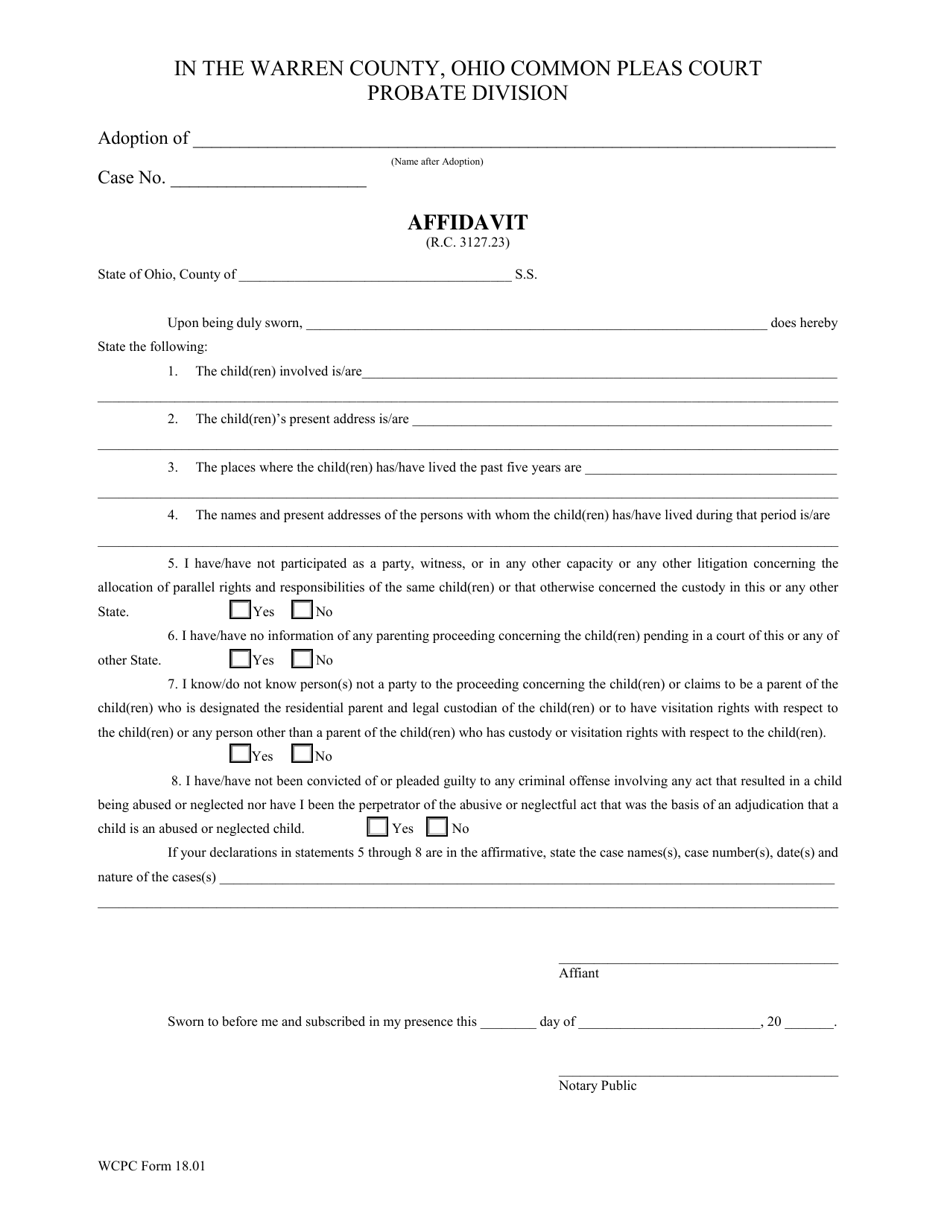 WCPC Form 18.01 Adoption Affidavit - Warren County, Ohio, Page 1