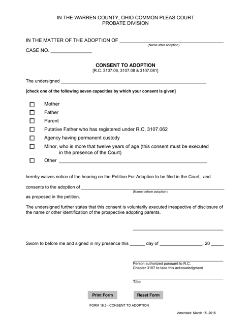 Form 18.3 Consent to Adoption - Warren County, Ohio