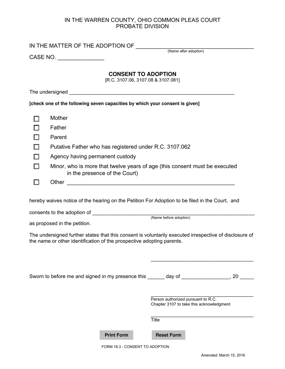 Form 18.3 Consent to Adoption - Warren County, Ohio, Page 1