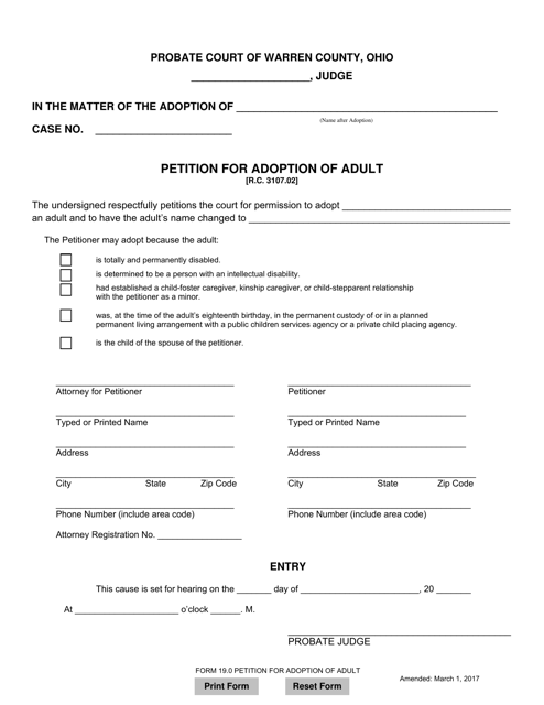 Form 19.0 Petition for Adoption of Adult - Warren County, Ohio
