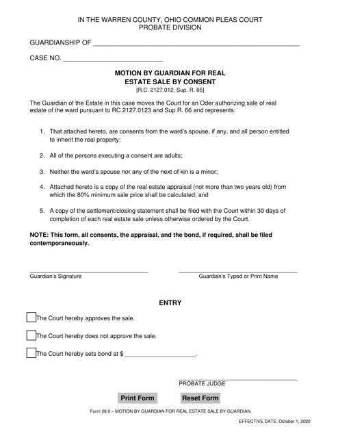 Form 28.0 Motion by Guardian for Real Estate Sale by Consent - WARREN COUNTY, Ohio