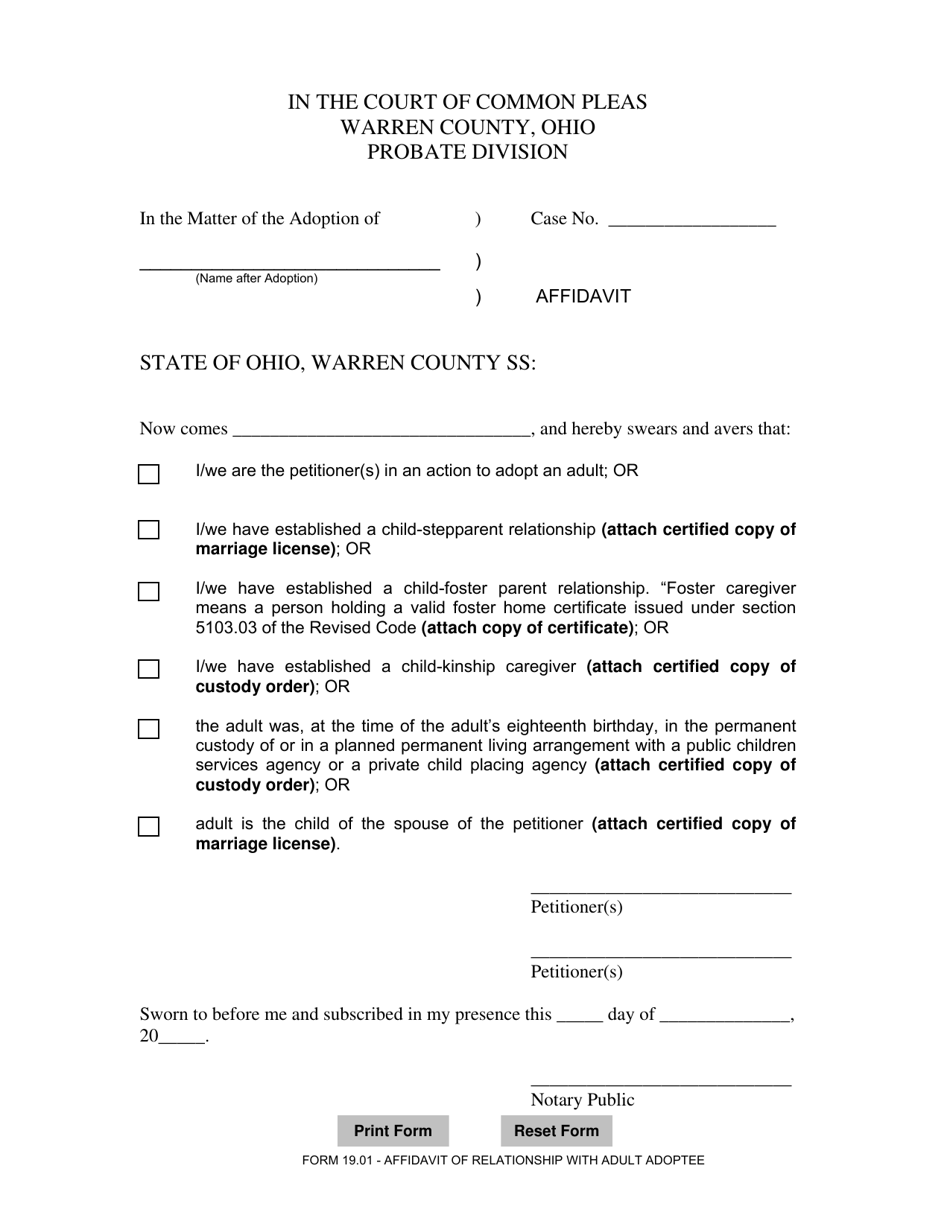 Form 19.01 Affidavit of Relationship With Adult Adoptee - Warren County, Ohio, Page 1