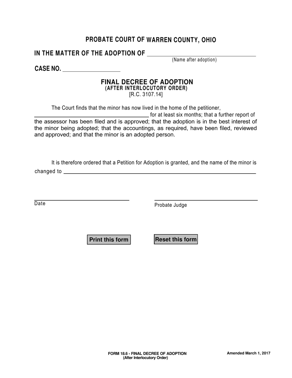 Form 18.6 Final Decree of Adoption (After Interlocutory Order) - Warren County, Ohio, Page 1