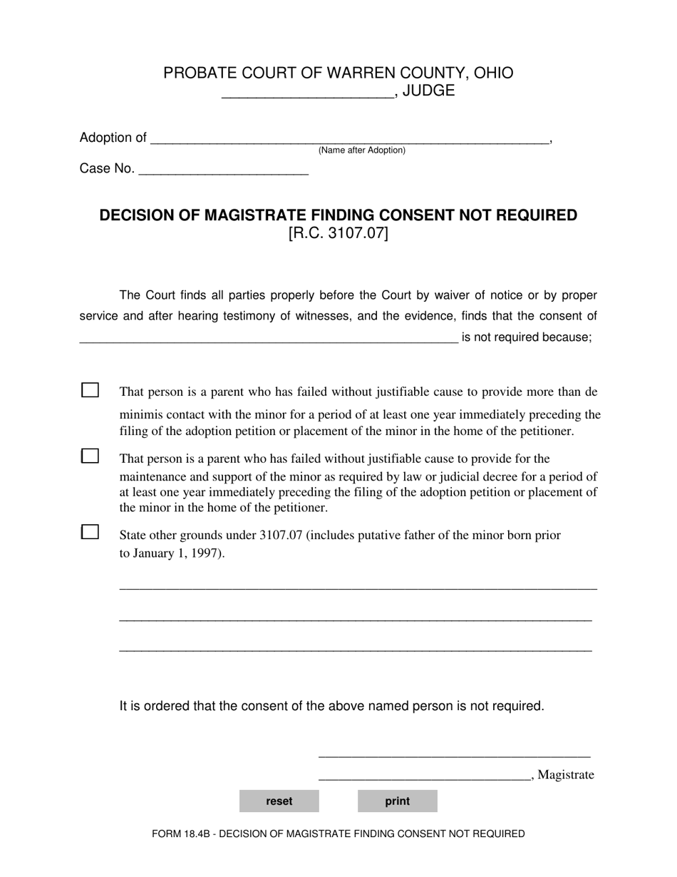 Form 18.4B Decision of Magistrate Finding Consent Not Required - Warren County, Ohio, Page 1