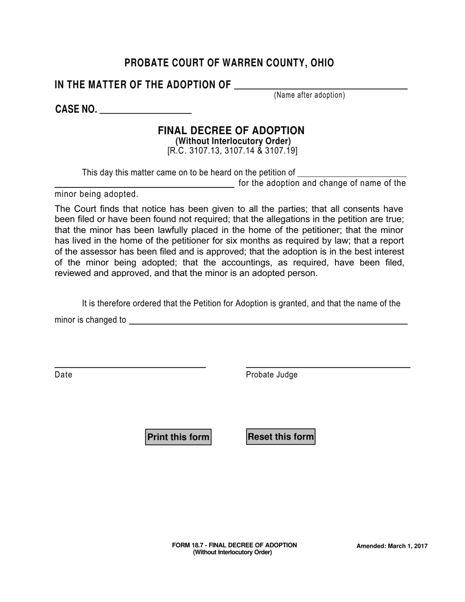 Form 18.7 Final Decree of Adoption (Without Interlocutory Order) - Warren County, Ohio, Page 1