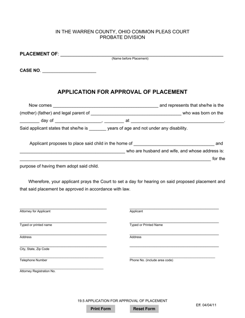Form 19.5 Application for Approval of Placement - Warren County, Ohio