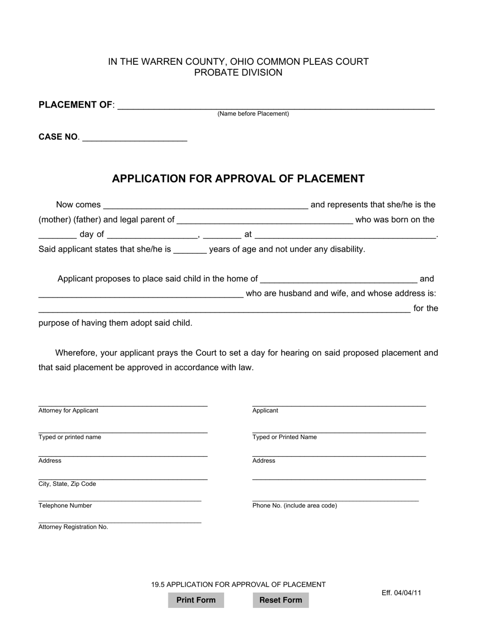 Form 19.5 Application for Approval of Placement - Warren County, Ohio, Page 1