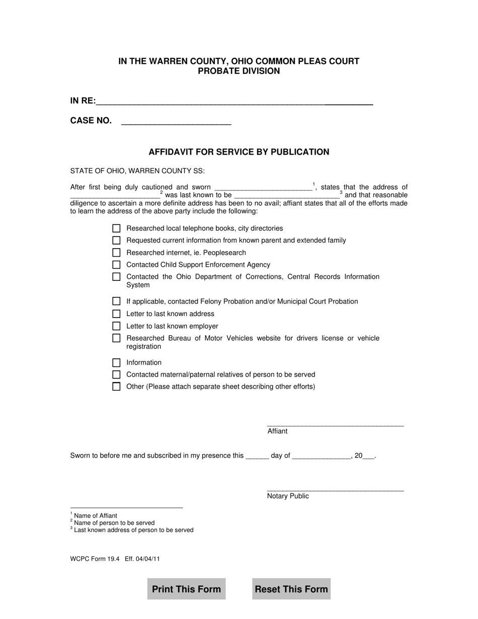 WCPC Form 19.4 Affidavit for Service by Publication - Warren County, Ohio, Page 1