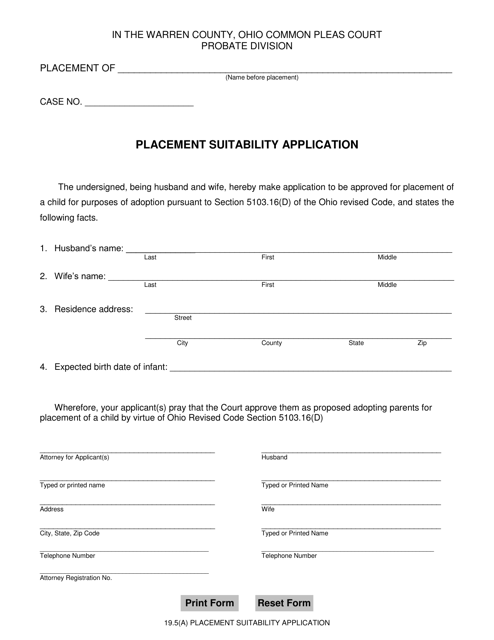 Form 19.5(A) Placement Suitability Application - Warren County, Ohio