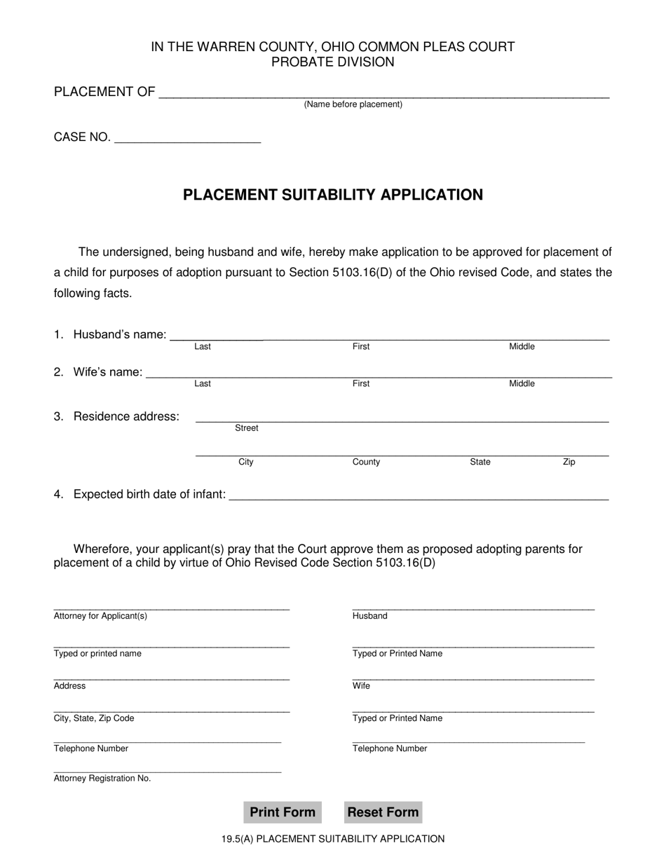 Form 19.5(A) Placement Suitability Application - Warren County, Ohio, Page 1