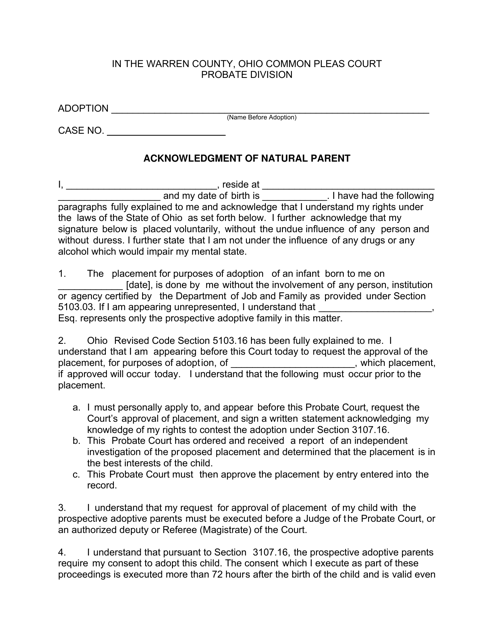 Form 19.6 Acknowledgment of Natural Parent - Warren County, Ohio