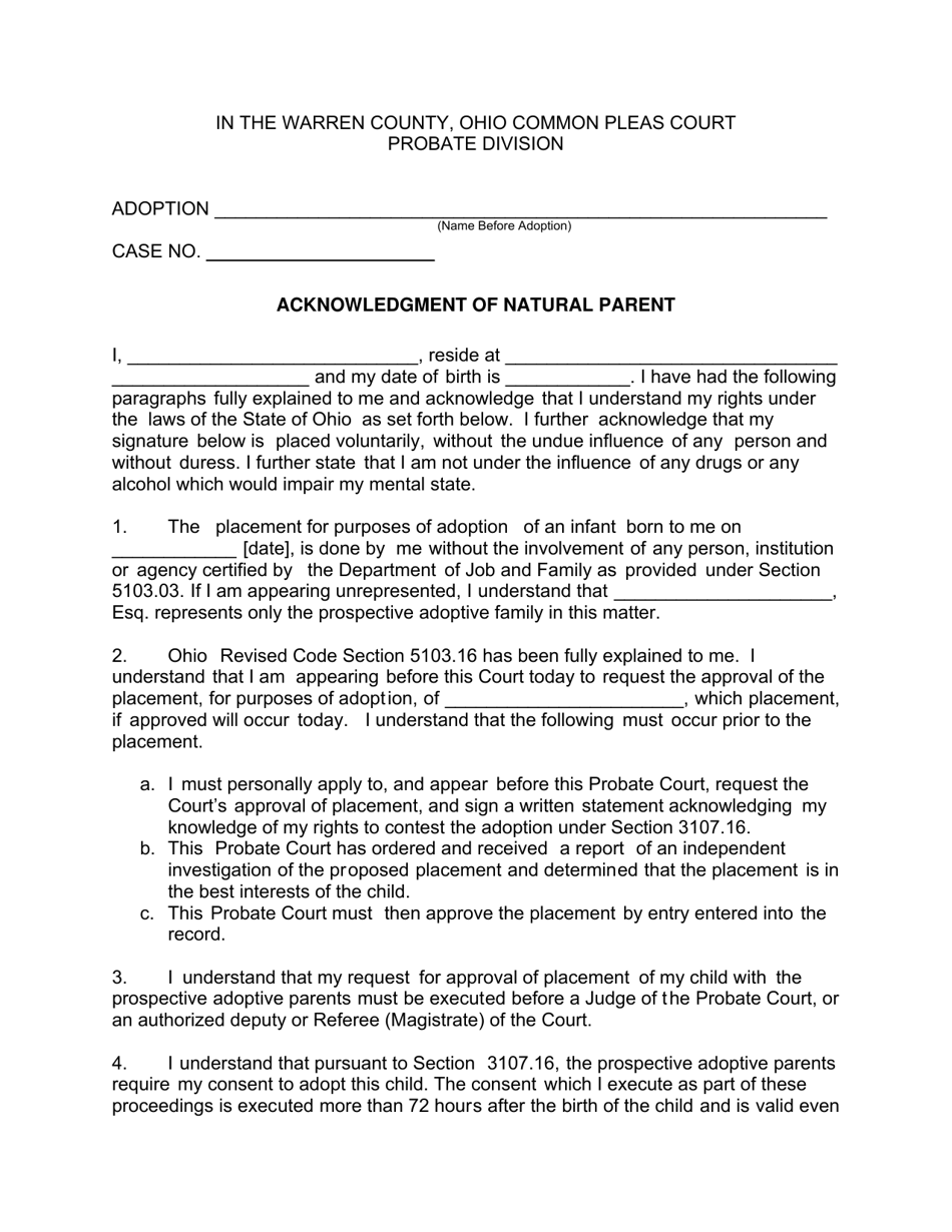 Form 19.6 Acknowledgment of Natural Parent - Warren County, Ohio, Page 1