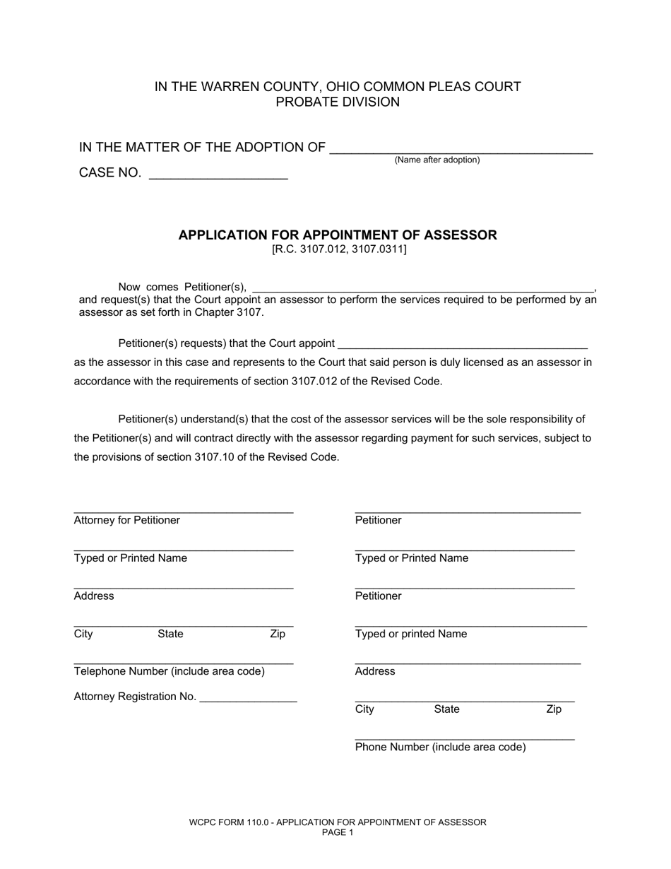 WCPC Form 110.0 Application for Appointment of Assessor - Warren County, Ohio, Page 1
