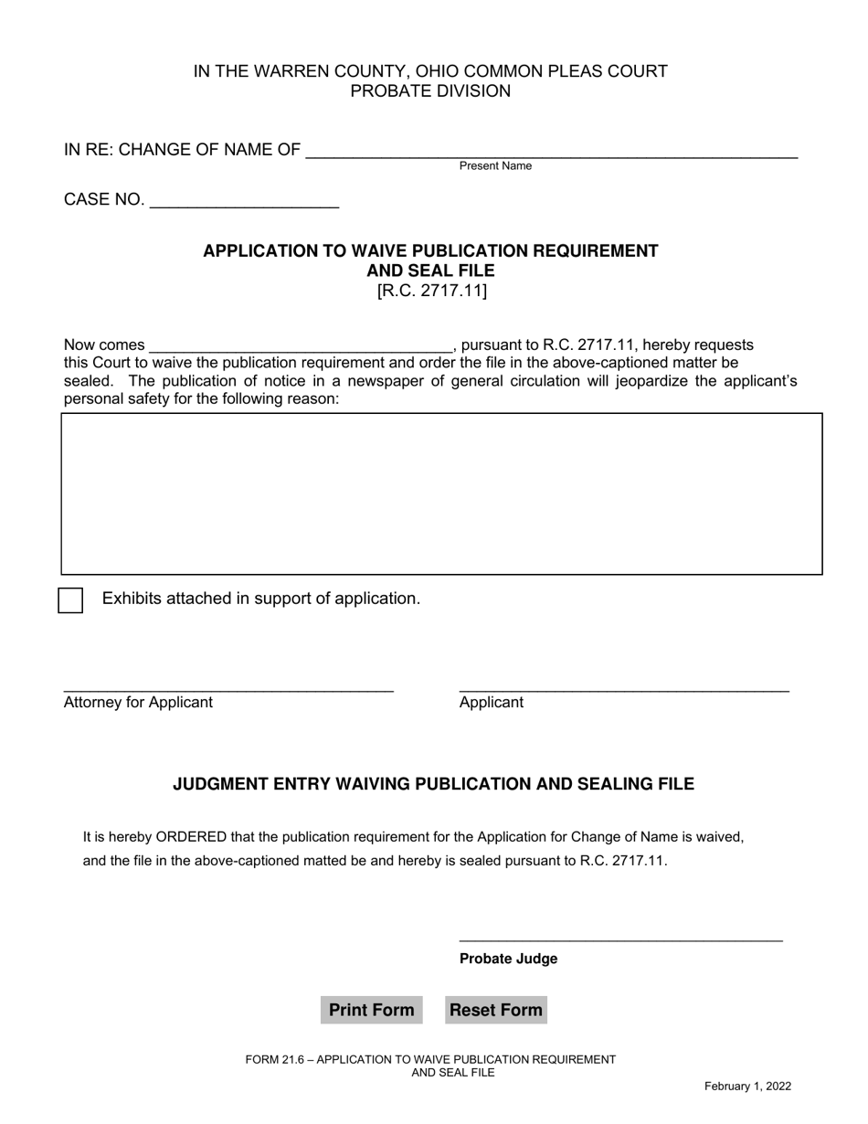 Form 21.6 Application to Waive Publication Requirement and Seal File - Warren County, Ohio, Page 1