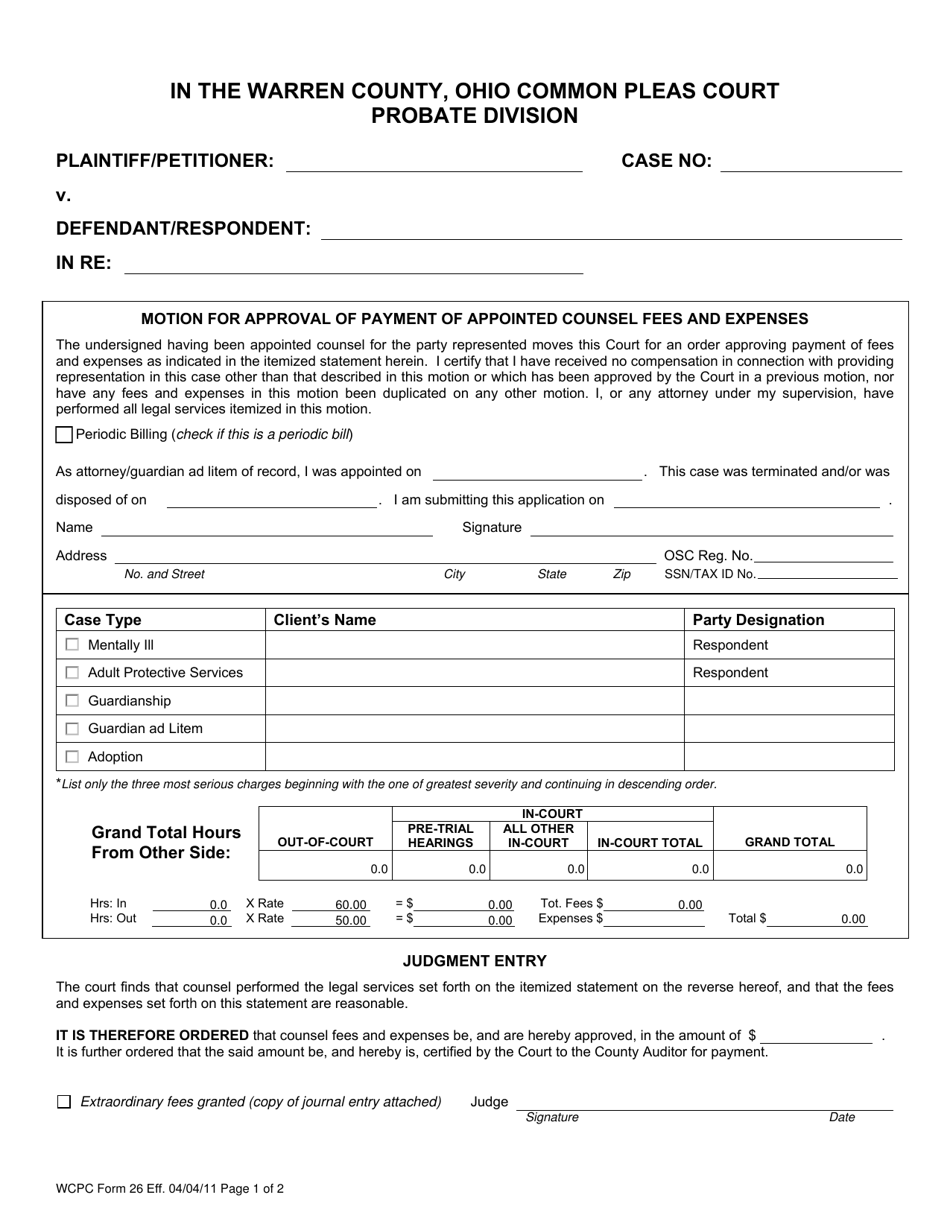 WCPC Form 26 Motion for Approval of Payment of Appointed Counsel Fees and Expenses - Warren County, Ohio, Page 1