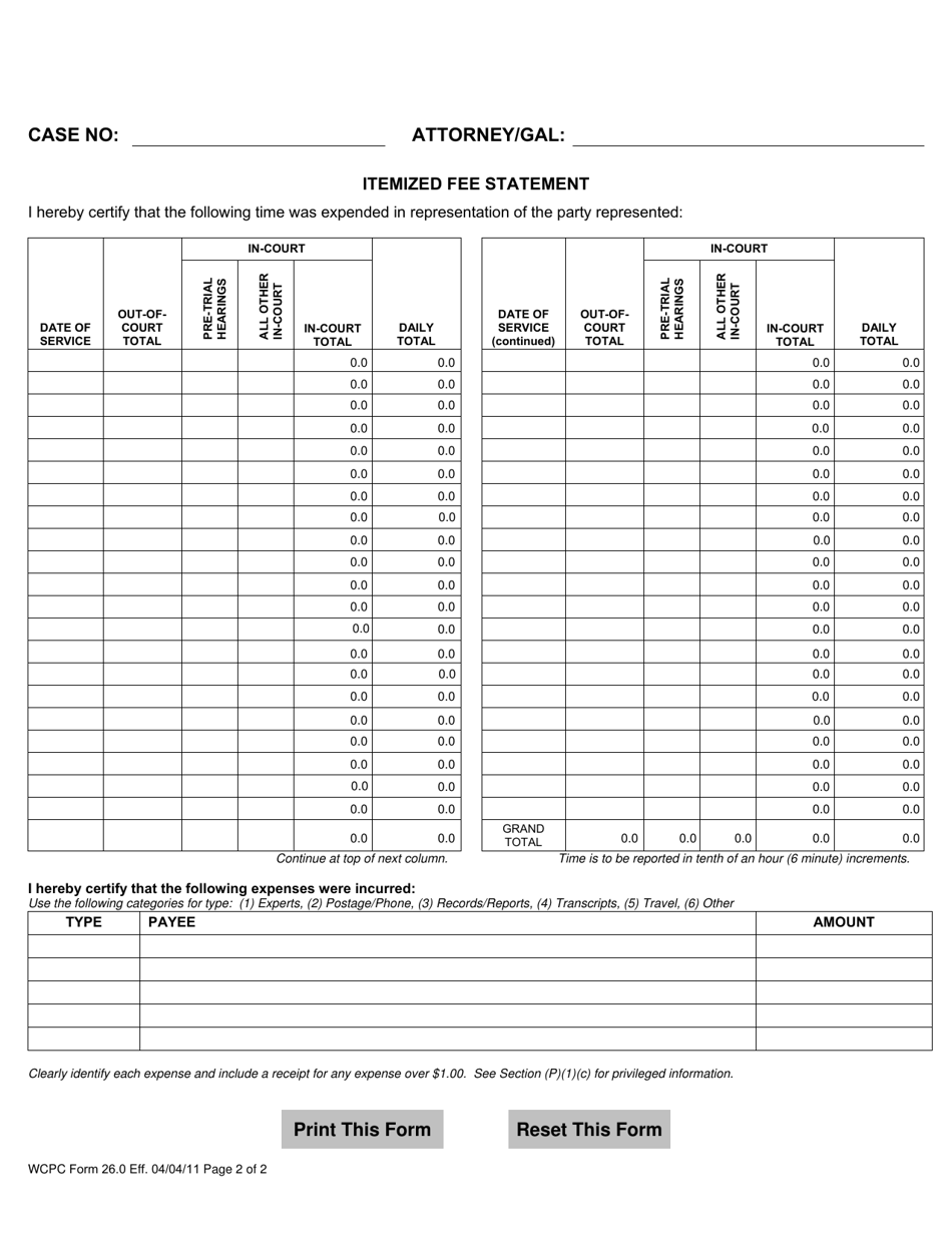 WCPC Form 26 Motion for Approval of Payment of Appointed Counsel Fees and Expenses - Warren County, Ohio, Page 2