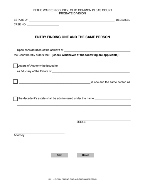 Form 101.1 Entry Finding One and the Same Person - Warren County, Ohio