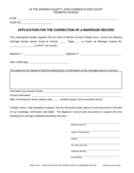 Document preview: Form 102.0 Application for the Correction of a Marriage Record - Warren County, Ohio