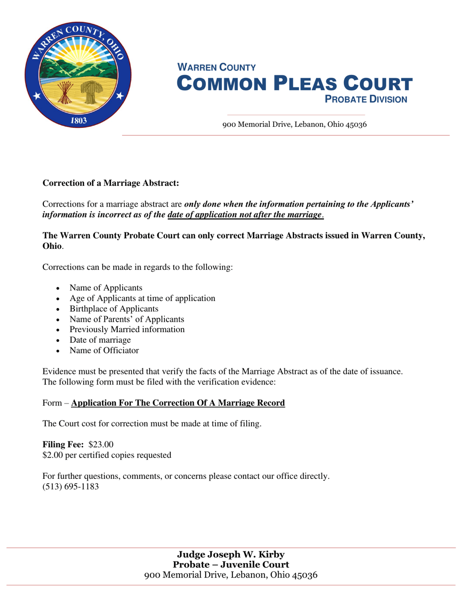 Form 102.0 Application for the Correction of a Marriage Record - Warren County, Ohio, Page 3