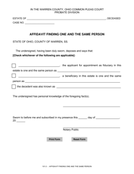 Document preview: Form 101.0 Affidavit Finding One and the Same Person - Warren County, Ohio
