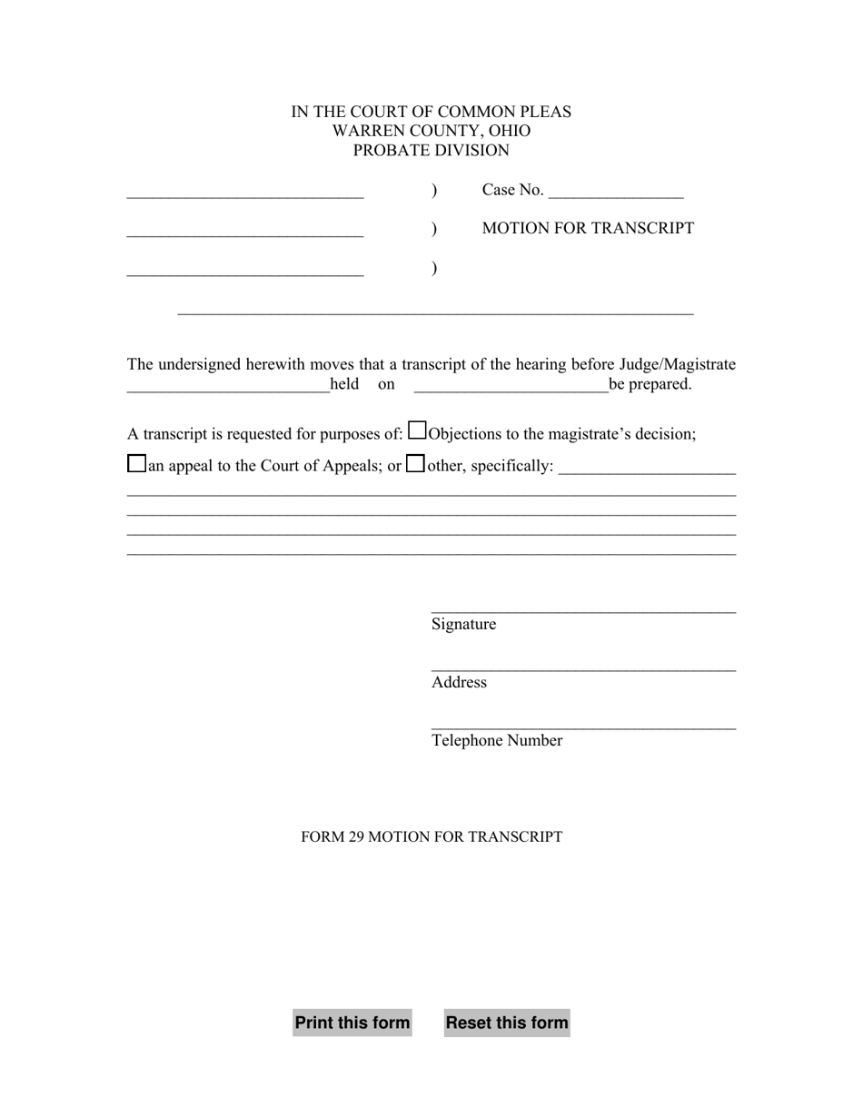 Form 29 - Fill Out, Sign Online And Download Fillable Pdf, Warren 