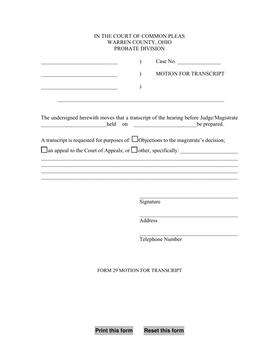 Form 29 Motion for Transcript - Warren County, Ohio, Page 1