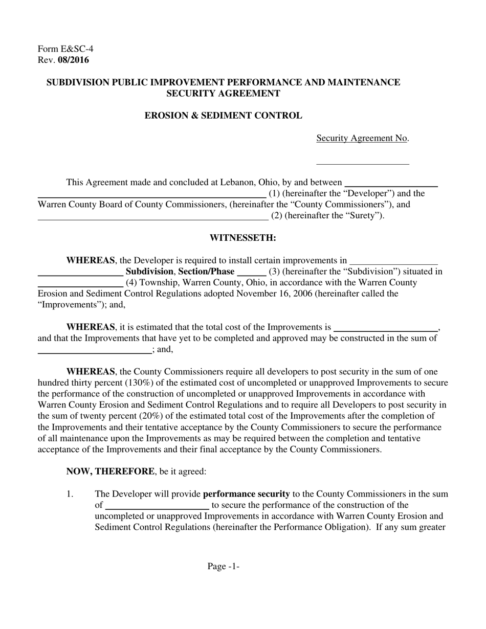 Form ESC-4 Subdivision Public Improvement Performance and Maintenance Security Agreement - Erosion  Sediment Control - Warren County, Ohio, Page 1