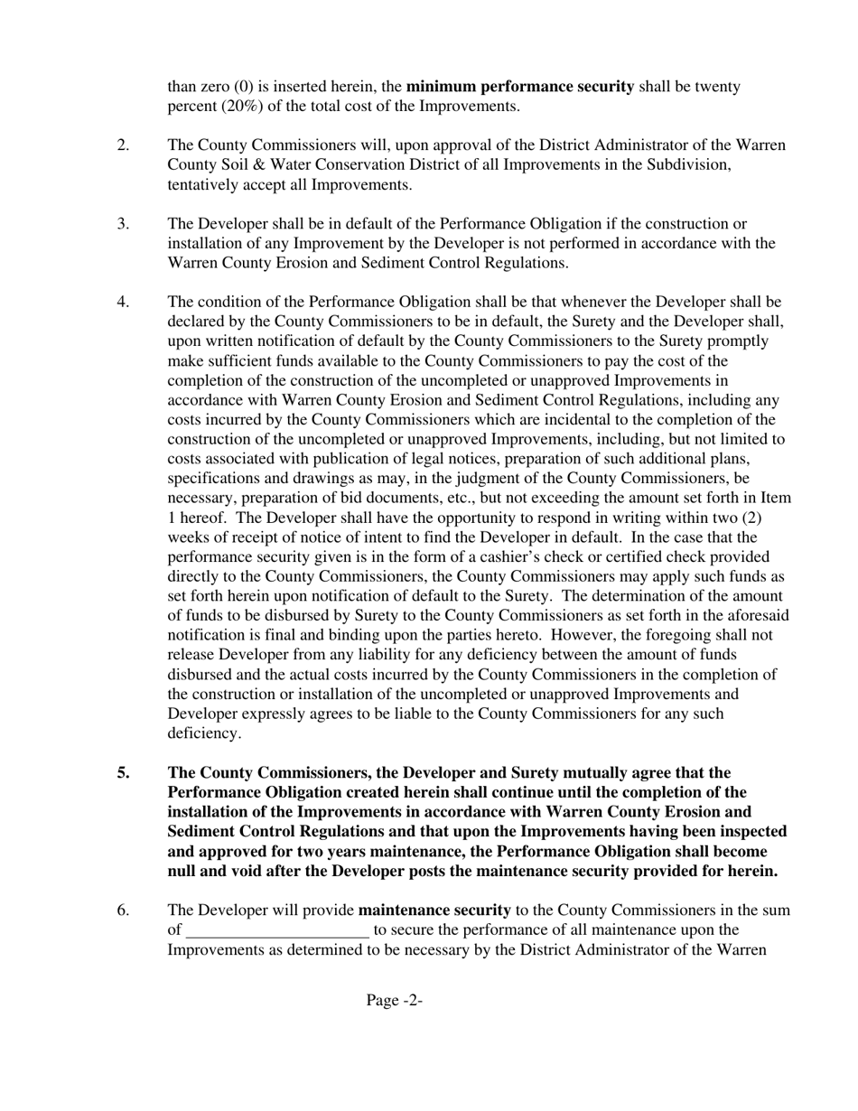 Form ESC-4 Subdivision Public Improvement Performance and Maintenance Security Agreement - Erosion  Sediment Control - Warren County, Ohio, Page 2