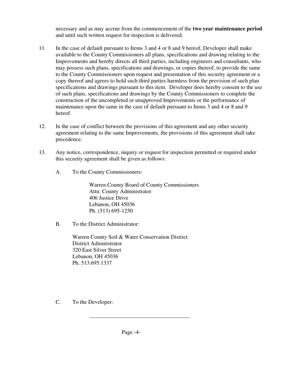 Form ESC-4 Subdivision Public Improvement Performance and Maintenance Security Agreement - Erosion  Sediment Control - Warren County, Ohio, Page 4