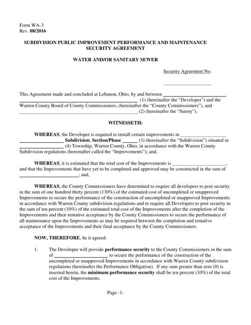 Form WA-3 Subdivision Public Improvement Performance and Maintenance Security Agreement - Water and/or Sanitary Sewer - Warren County, Ohio