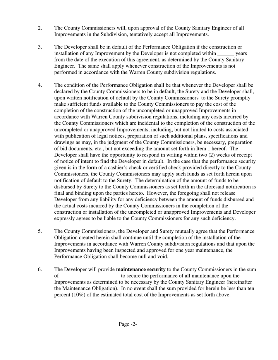 Form WA-3 Subdivision Public Improvement Performance and Maintenance Security Agreement - Water and / or Sanitary Sewer - Warren County, Ohio, Page 2
