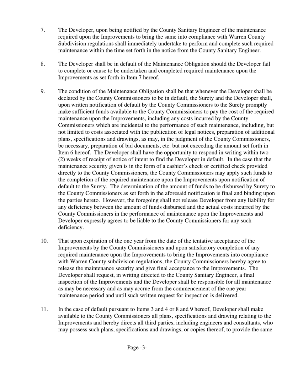Form WA-3 Subdivision Public Improvement Performance and Maintenance Security Agreement - Water and / or Sanitary Sewer - Warren County, Ohio, Page 3