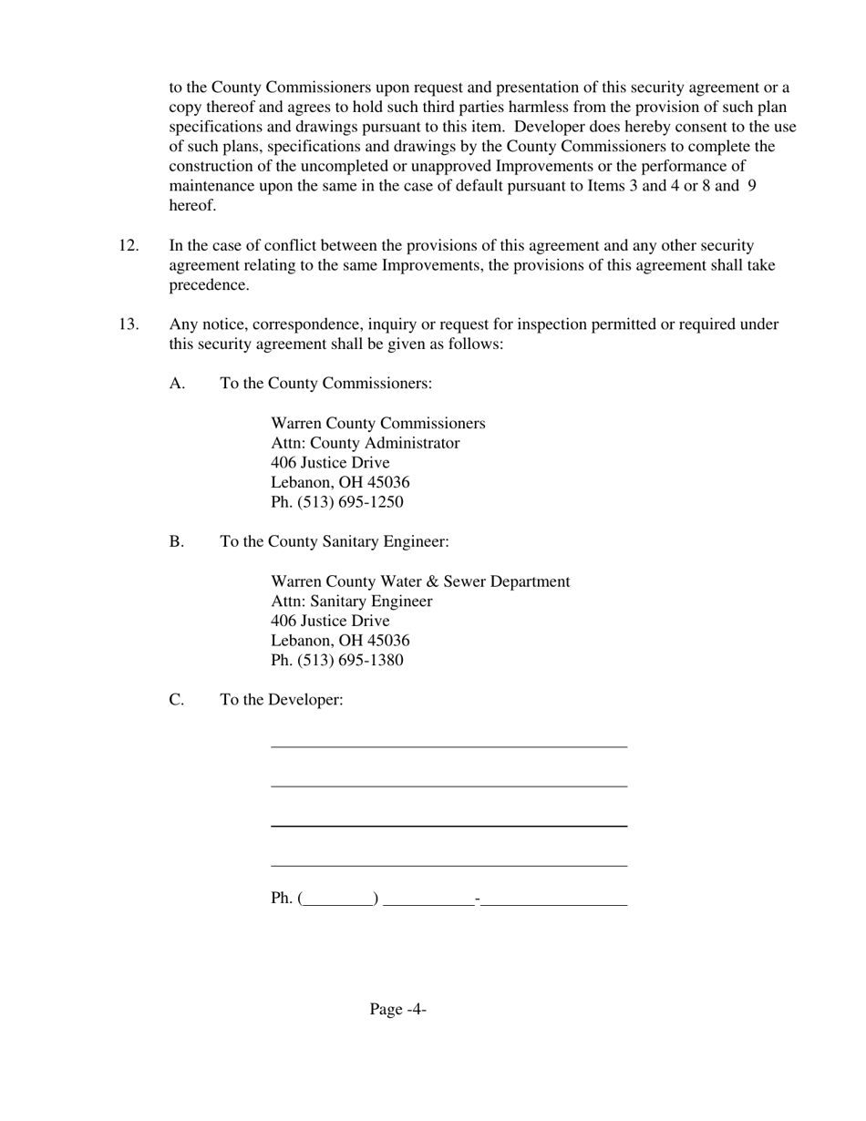 Form WA-3 Subdivision Public Improvement Performance and Maintenance Security Agreement - Water and / or Sanitary Sewer - Warren County, Ohio, Page 4