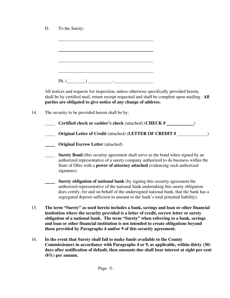 Form WA-3 Subdivision Public Improvement Performance and Maintenance Security Agreement - Water and / or Sanitary Sewer - Warren County, Ohio, Page 5