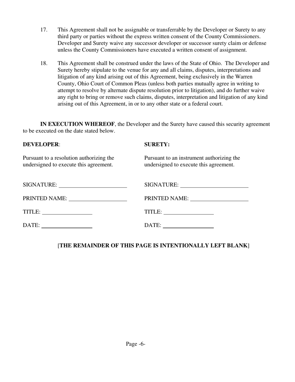 Form WA-3 Subdivision Public Improvement Performance and Maintenance Security Agreement - Water and / or Sanitary Sewer - Warren County, Ohio, Page 6