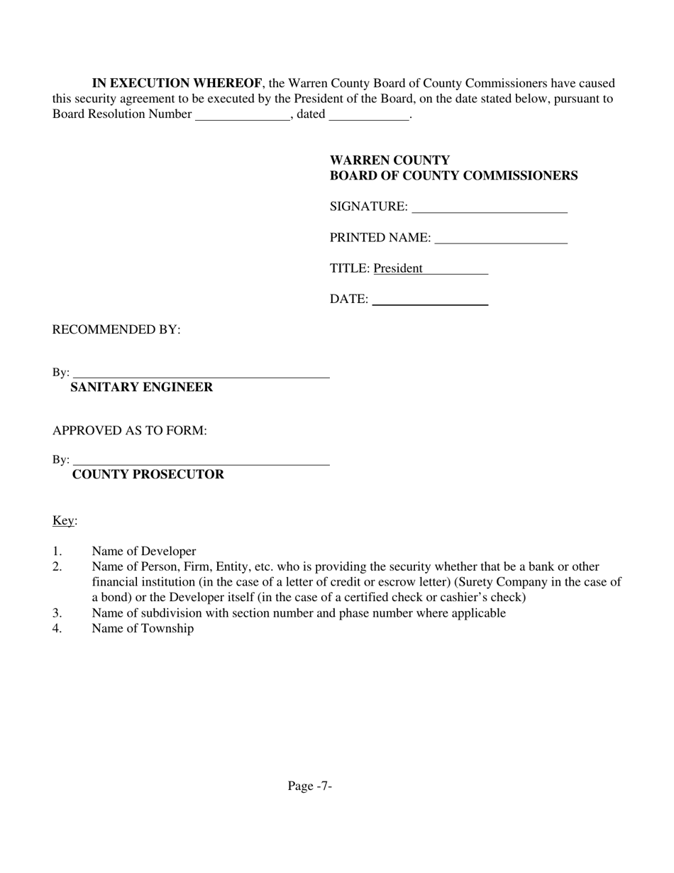 Form WA-3 Subdivision Public Improvement Performance and Maintenance Security Agreement - Water and / or Sanitary Sewer - Warren County, Ohio, Page 7