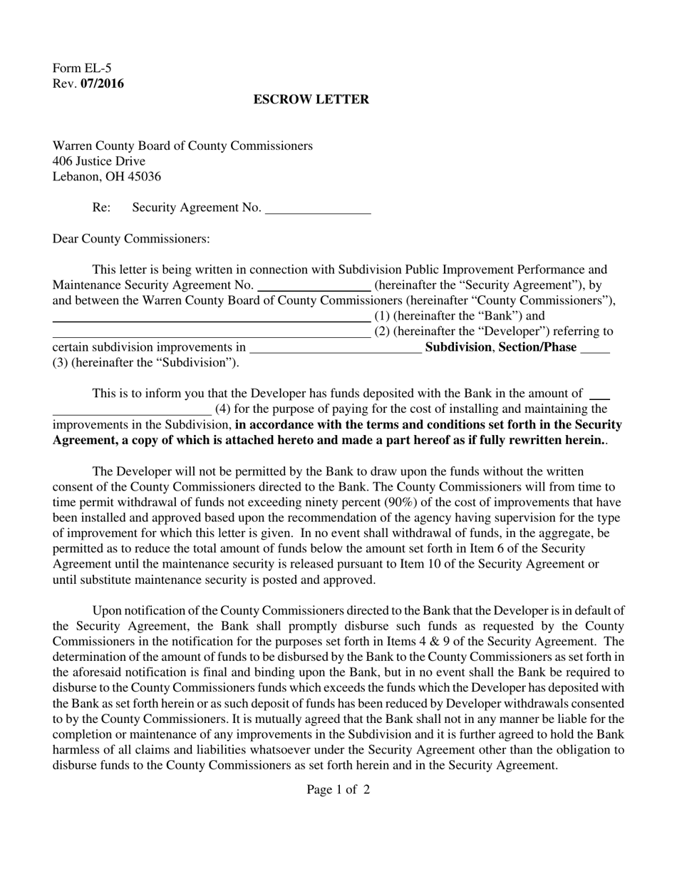 Form EL-5 Escrow Letter - Warren County, Ohio, Page 1