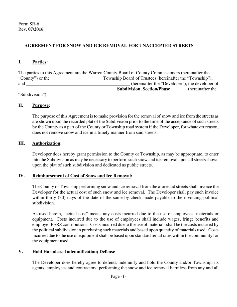 Form SR-6 Agreement for Snow and ICE Removal for Unaccepted Streets - Warren County, Ohio, Page 1