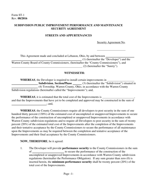 Form ST-1 Subdivision Public Improvement Performance and Maintenance Security Agreement - Streets and Appurtenances - Warren County, Ohio