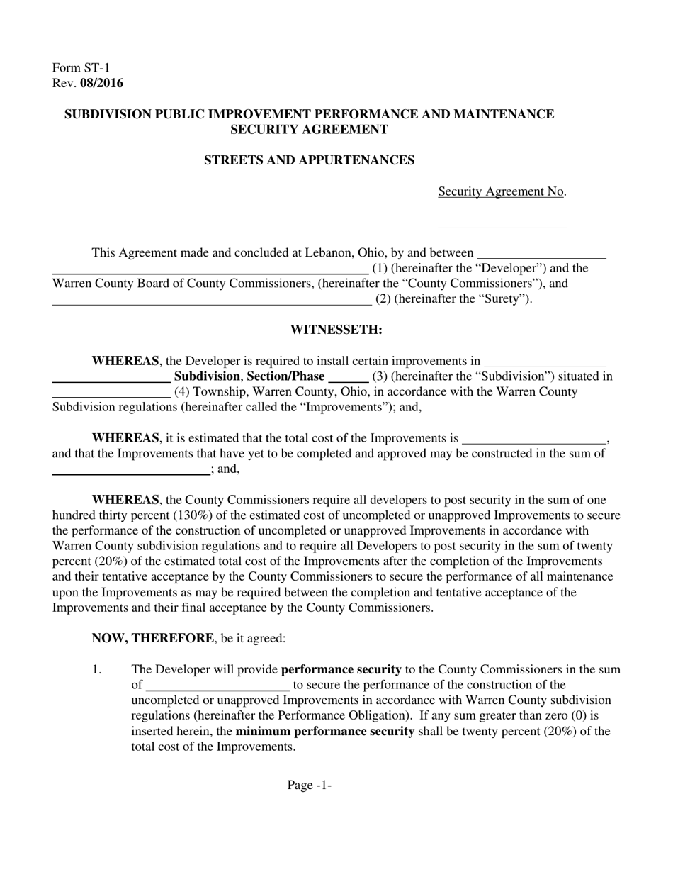 Form ST-1 Subdivision Public Improvement Performance and Maintenance Security Agreement - Streets and Appurtenances - Warren County, Ohio, Page 1