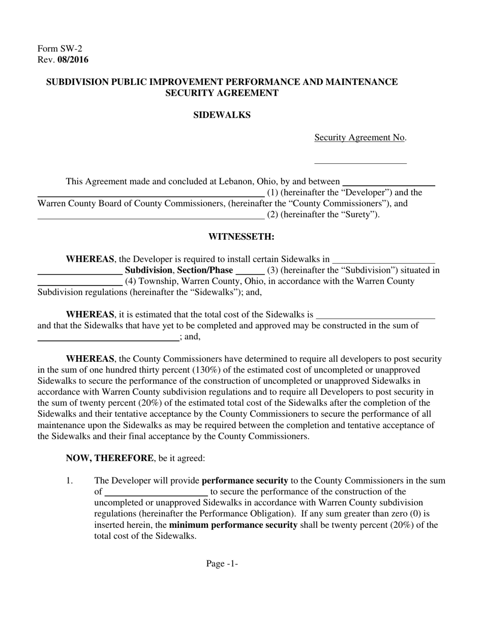 Form SW-2 Subdivision Public Improvement Performance and Maintenance Security Agreement - Sidewalks - Warren County, Ohio, Page 1